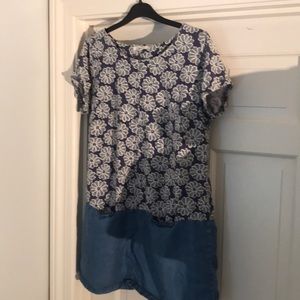 Blue flower patterned dress.